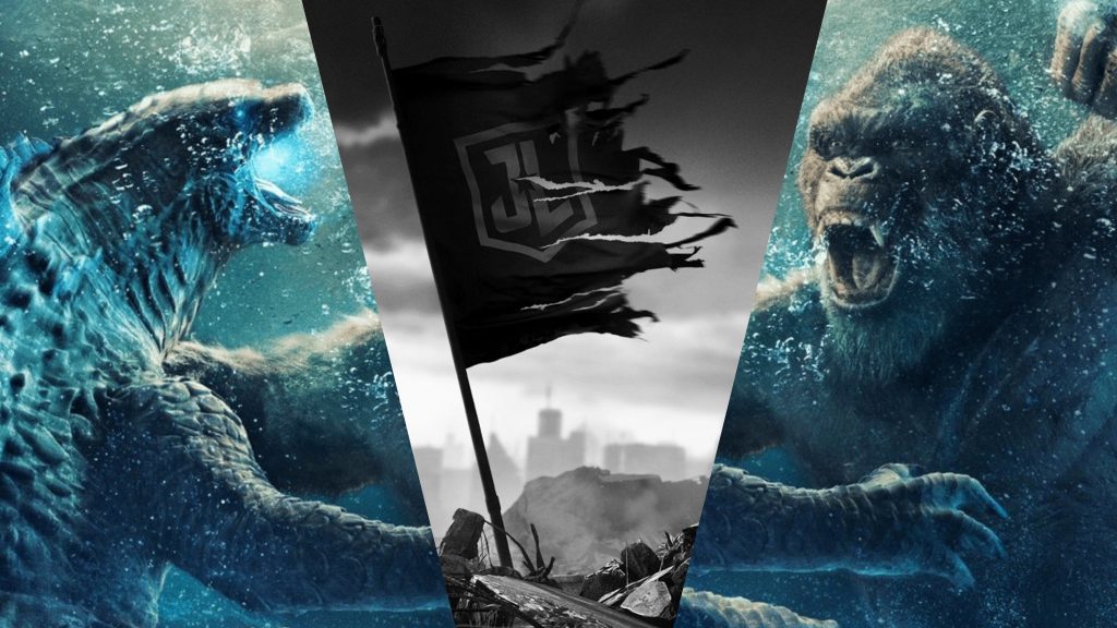 A poster collage for Godzilla vs. Kong and Zack Snyder's Justice League, both coming to HBO Max this March.