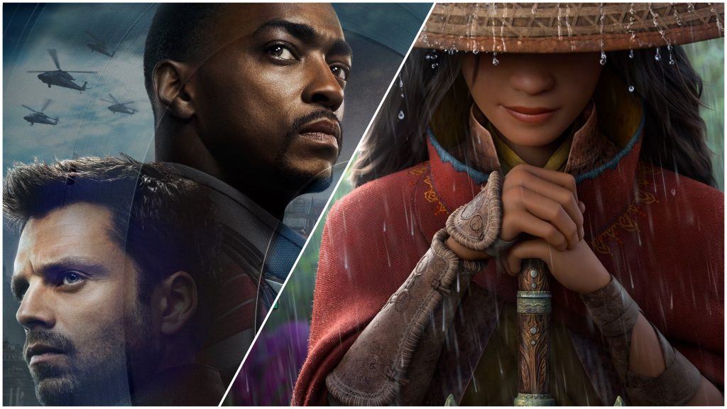 A poster collage of Raya and the Last Dragon and The Falcon and the Winter Solider, both coming to Disney+ in March 2021.