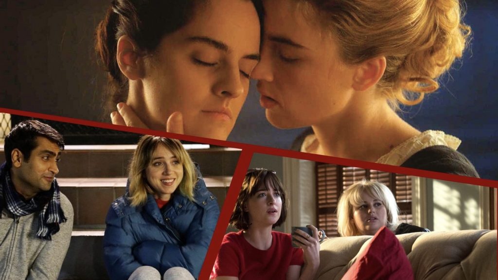 A collage of 2021 Valentines Day Film recommendations including The Big Sick, How to be Single, and Portrait of a Lady on Fire