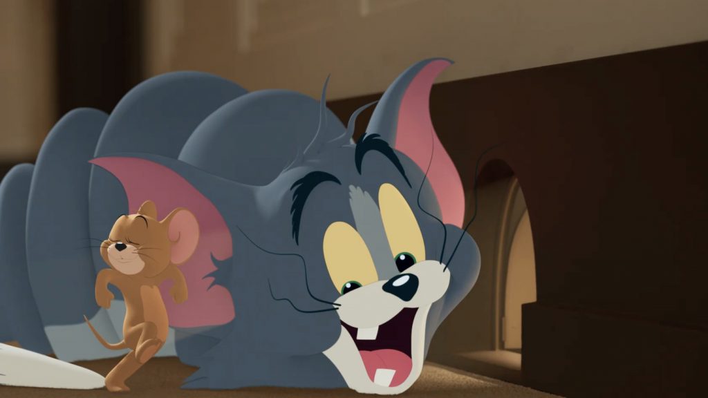 Tom looking beaten and flat next to a happy Jerry as seen in the 2021 film Tom & Jerry.