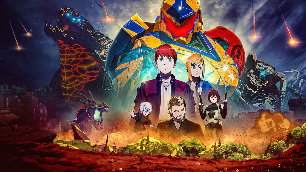 The Poster for Pacific Rim: The Black showing all the main characters, the new Jaeger robot, and evil Kaiju.