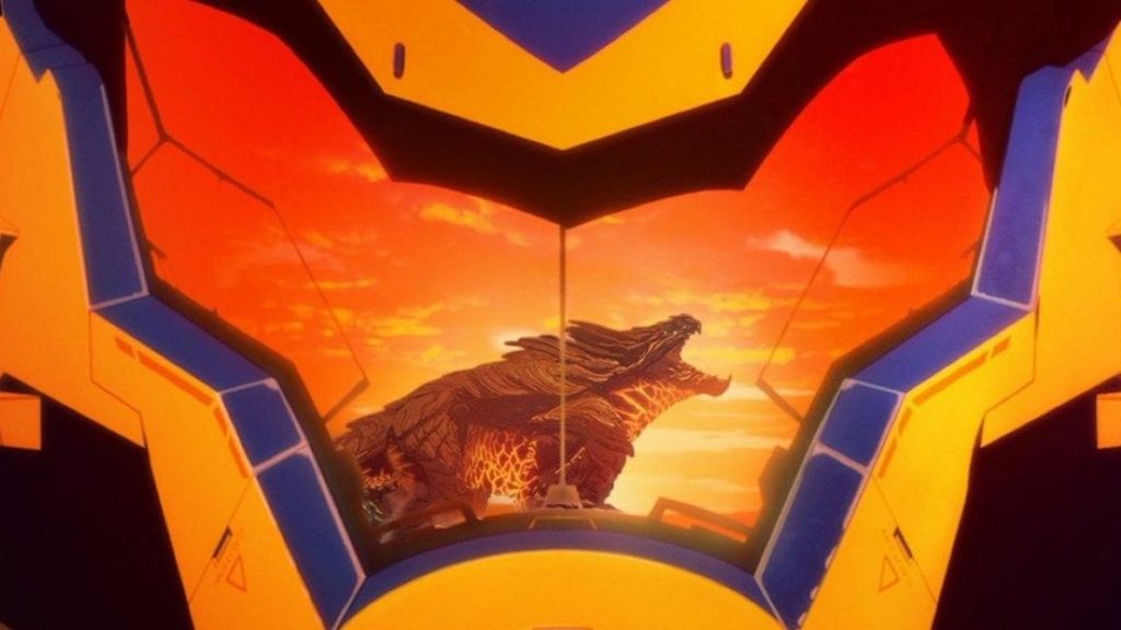 A Jaeger robot facing a deadly kaiju as seen in Pacific Rim: The Black coming to Netflix in March 2021.