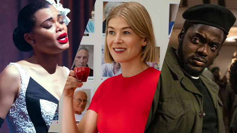 A collage of Golden Globe Winners Andra Day, Rosamund Pike, and Daniel Kaluuya, all now Oscar hopefuls.