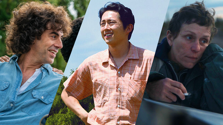 A collage of The Trial of the Chicago 7, Minari, and Nomadland, films that reach the top of our 2021 Oscar predictions.