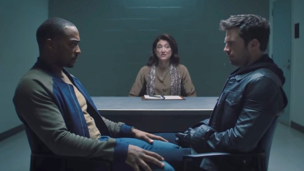 Anthony Mackie as Sam Wilson and Sebastian Stan as Bucky Barnes having a stare off as seen in The Falcon and the Winter Soldier on Disney+