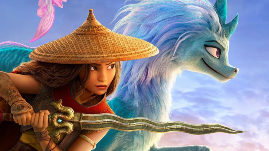 Raya the warrior princess holding her blade next to Sisu the legendary dragon as seen in Raya and the Last Dragon directed by Don Hall and Carlos López Estrada.