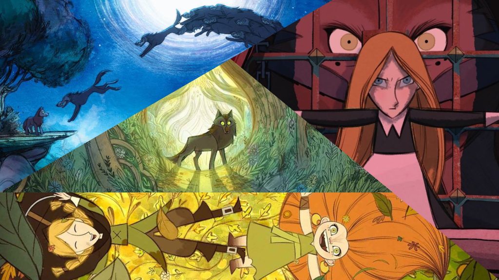 A beautiful collage of the various colors and characters of the Oscar-nominated film Wolfwalkers directed by Tomm Moore and Ross Stewart.