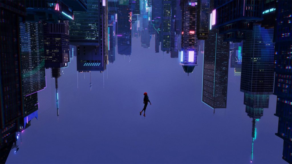 Miles Morales falling upside down in the What's Up Danger scene from Spider-Man: Into the Spider-Verse scored by Daniel Pemberton.
