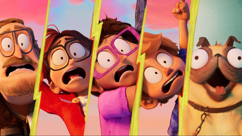 The family cast of the The Mitchells vs. The Machines voiced by Danny McBride, Abbi Jacobson, Maya Rudolph, and Mike Rianda on Netflix.