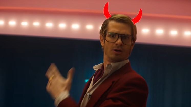 Andrew Garfield as the Social Media influencer Link with devil horns drawn on his head as seen in Mainstream directed by Gia Coppola.