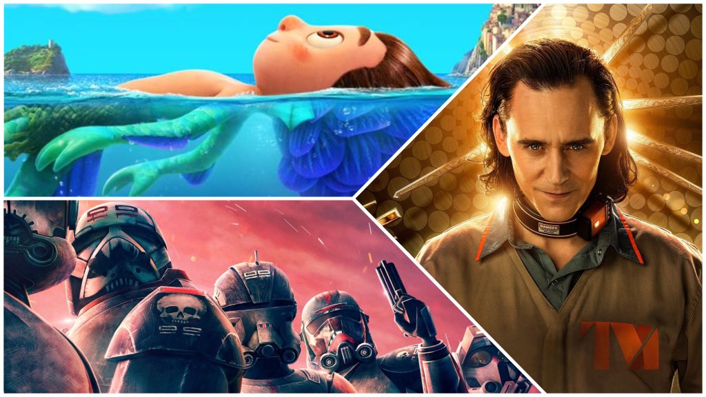 A collage of Pixar's Luca, Marvel's Loki, and Star Wars: The Bad Batch, all new to Disney+ in June 2021.