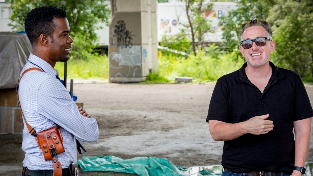 Chris Rock and director Darren Lynn Bousman on the set of his latest horror film Spiral: From the Book of Saw.