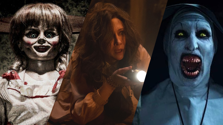 A collage of Annabelle, Lorraine Warren played by Vera Farmiga, and Valak the demon Nun as seen throughout the Conjuring Universe.