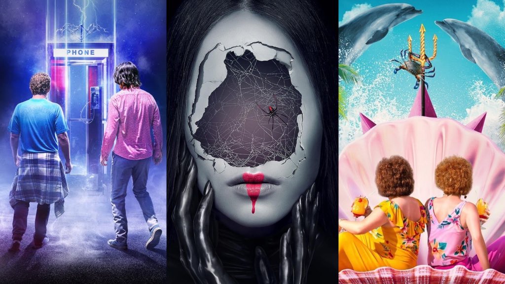 a collage of the posters from BILL & TED FACE THE MUSIC, AMERICAN HORROR STORIES, and BARB AND STAR GO TO VISTA DEL MAR, all coming to Hulu this July.