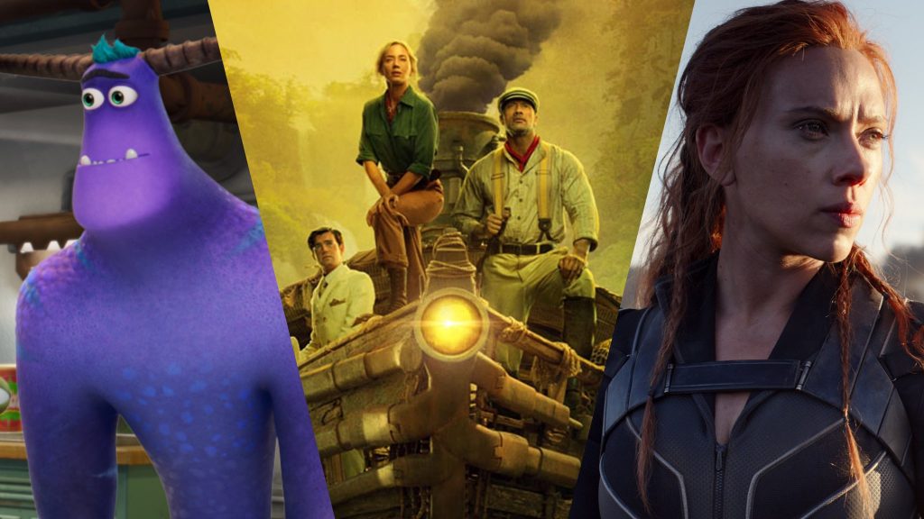 a collage of MONSTERS AT WORK, JUNGLE CRUISE, and BLACK WIDOW, all major titles coming to Disney+ in July.