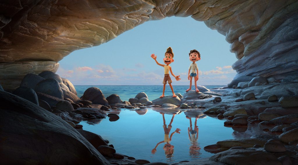 Luca and Alberto exploring caves on the Italian seaside as seen in Pixar's Luca on Disney+.