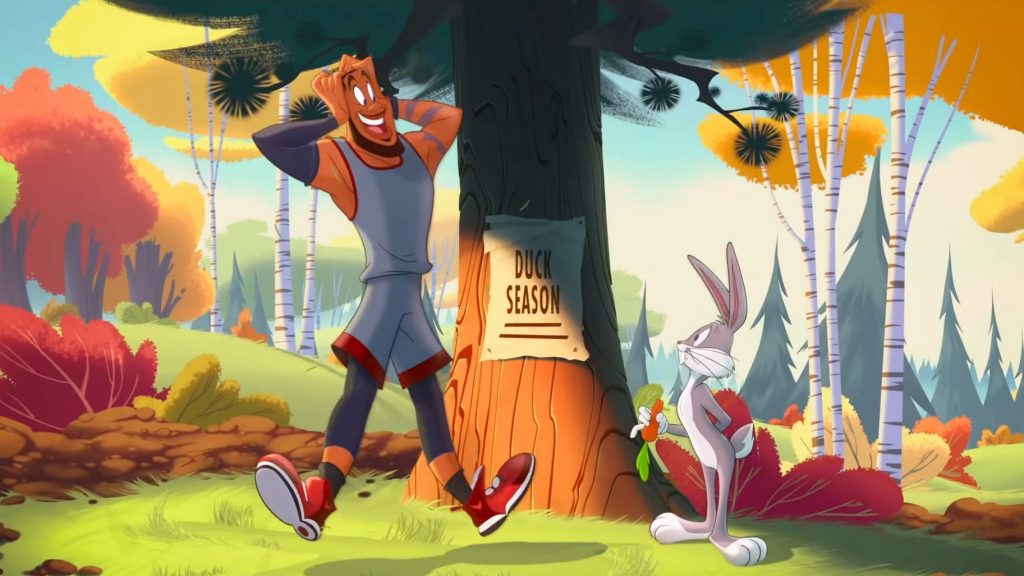 LeBron James meets Bugs Bunny in a cartoon forest as seen in Space Jam: A New Legacy, coming to HBO Max in July 2021.