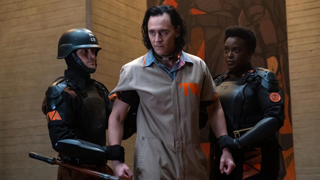 Hunter B-15 played by Wunmi Mosaku taking Loki played by Tom Hiddleston to trial for his crimes at the TVA as seen in the series premier of Loki on Disney+.
