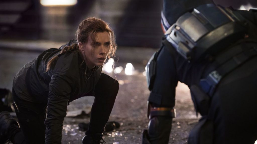 Scarlett Johansson as Natasha Romanoff facing off against the Taskmaster as seen in the Marvel Studios film BLACK WIDOW.