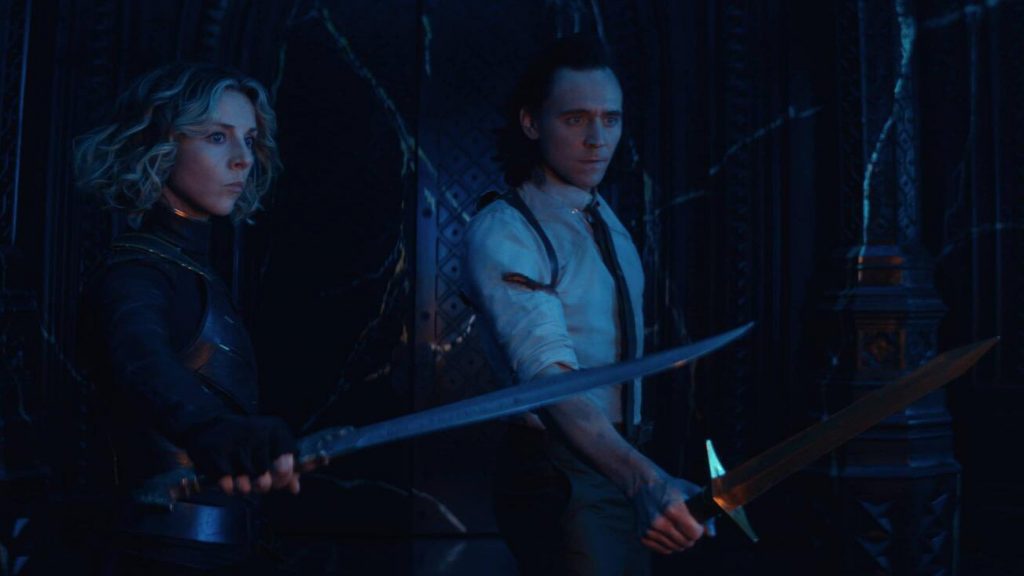 Sylvie and Loki pull out their blades to Kang the Conquer in his time citadel as seen in the season 1 finale of LOKI on Disney+.
