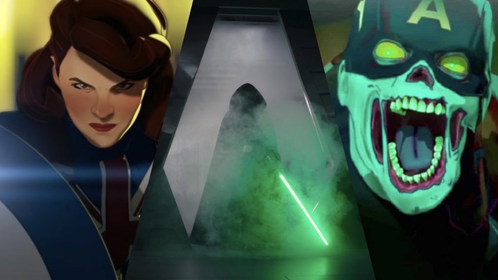 A collage of Captain Peggy Carter and Zombie Captain America from Marvel's What If... ? and Luke Skywalker as seen in The Mandalorian Season 2 finale behind the scenes special, all coming to Disney+ in August 2021.