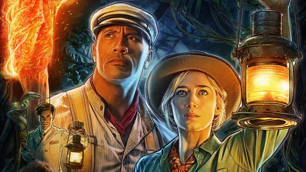 Dwayne "The Rock" Johnson and Emily Blunt lead the cast of Disney's JUNGLE CRUISE on the official painted poster.