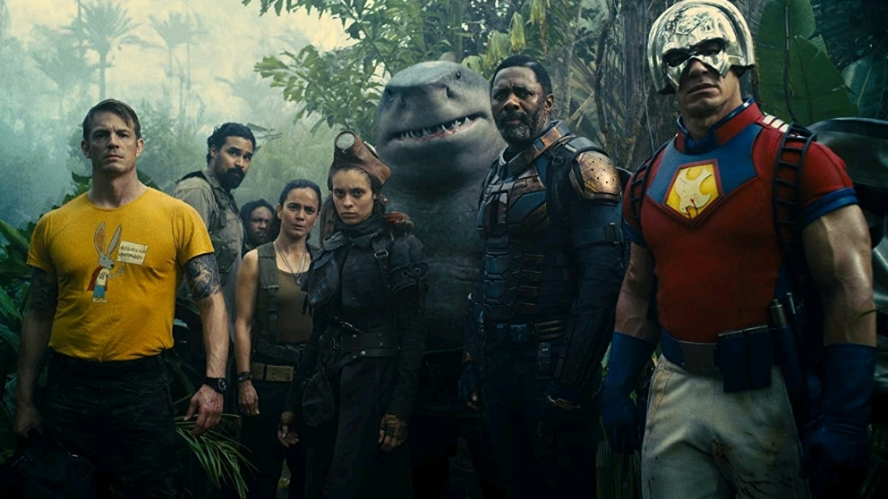 Rick Flag, Ratcatcher II, King Shark, Bloodsport, and Peacemaker go on a mission in the jungle as seen in THE SUICIDE SQUAD directed by James Gunn.