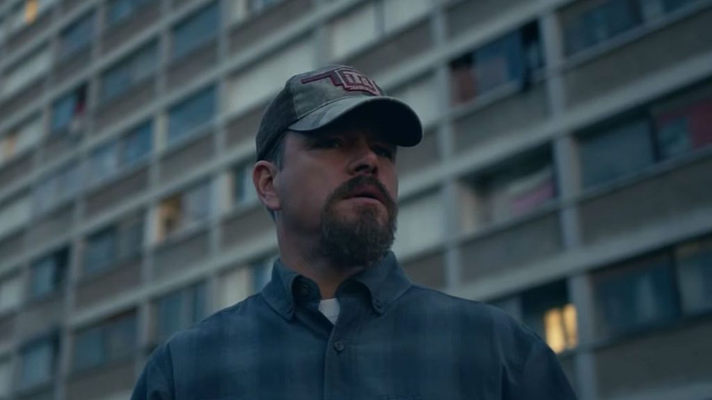 Matt Damon lost in a French apartment complex as seen in the new thriller drama STILLWATER.