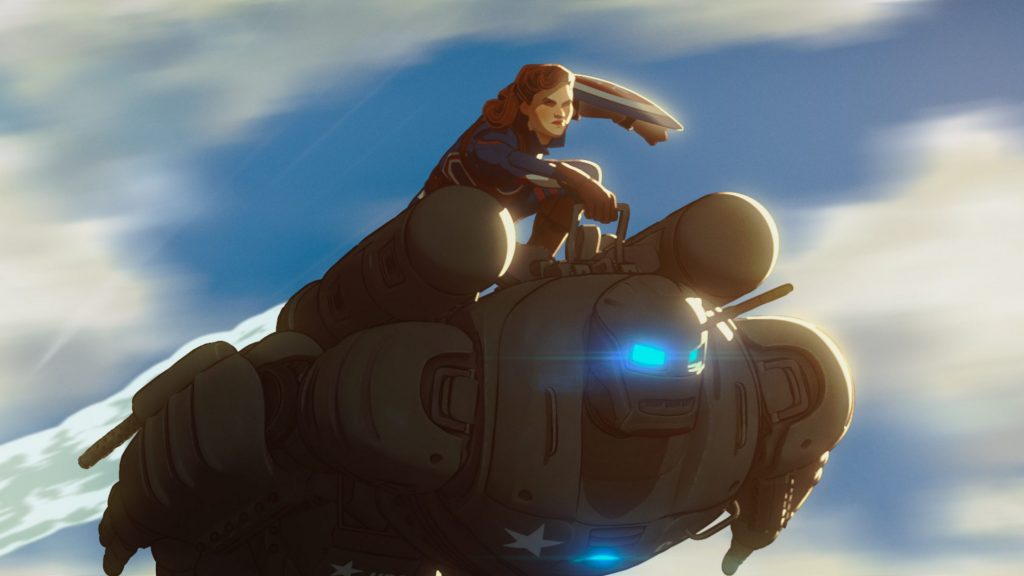 Captain Carter voiced by Hayley Atwell riding on top of the Hydra Stompher flying in the sky as seen in the new Marvel animated series on Disney+ WHAT IF...?