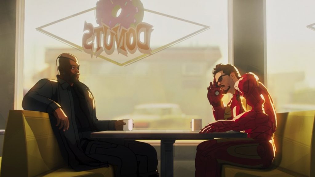 Nick Fury and Tony Stark sitting together at the donut shop from Iron Man 2 but this time in the Fury's Big Week episode of Marvel's WHAT IF...? on Disney+