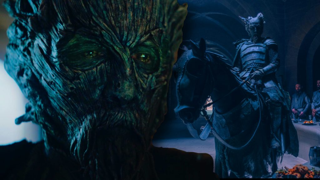 A collage of Ralph Ineson in full makeup and costume as the titular foe from THE GREEN KNIGHT directed by David Lowery and produced by A24.