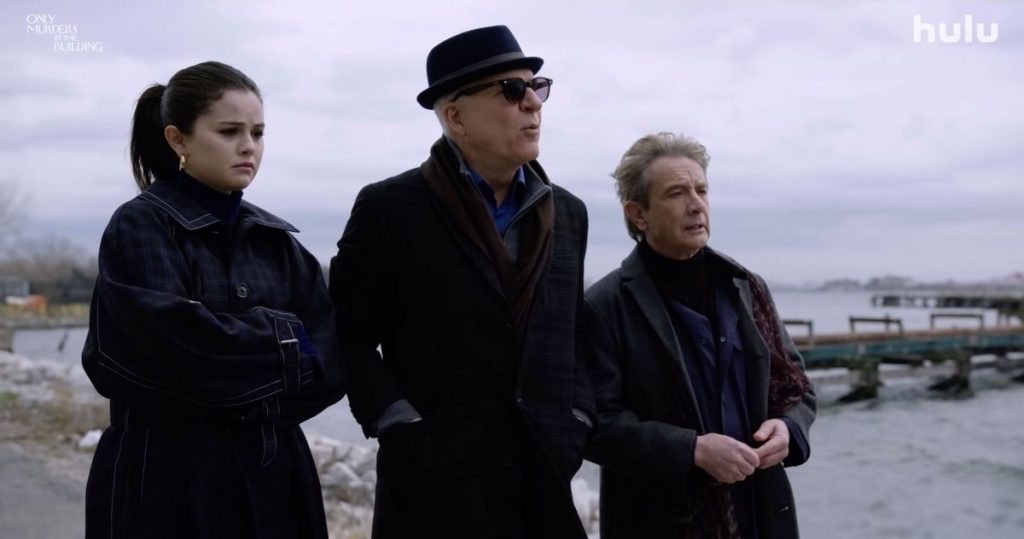 Selena Gomez Steve Martin and Martin Short in 'Only Murders in the Building' meeting a detective at the docks