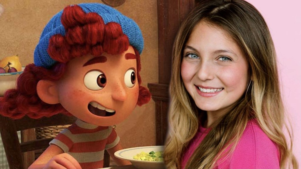 Actress Emma Berman next to her animated character Giulia Marcovaldo from the Pixar and Disney film LUCA.