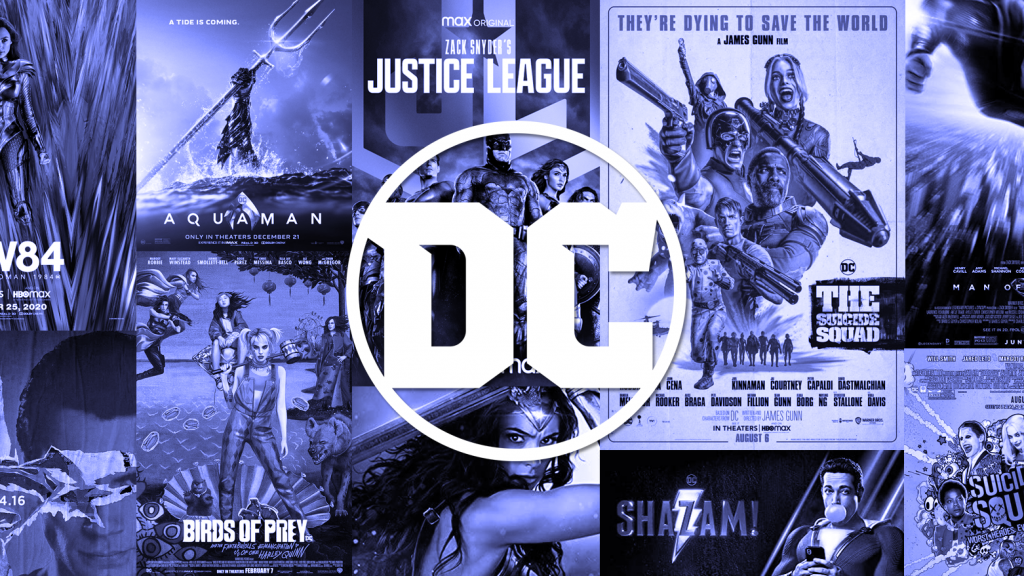 A blue DC collage of every film poster from the main DCEU franchise, including THE SUICIDE SQUAD, BIRDS OF PREY, WONDER WOMAN, MAN OF STEEL, SHAZAM!, AQUAMAN, and ZACK SNYDER'S JUSTICE LEAGUE, with the DC comics logo front and center for our official DCEU ranking from worst to best.