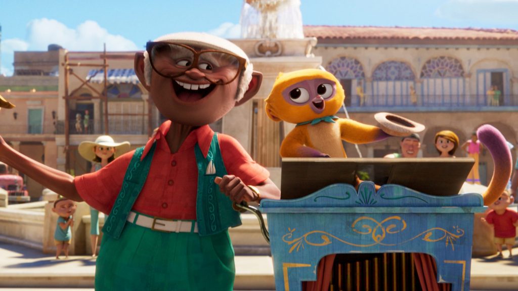 Andres voiced by Juan De Marcos Gonzalez and Vivo the talking Kinkajou voiced by Lin-Manuel Miranda as seen in the first Sony animated musical VIVO, coming to Netflix August 2021.