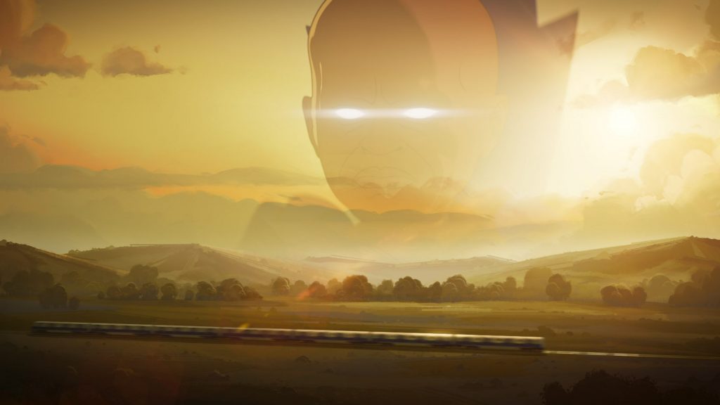 The Watcher overlooking a train full of surviving marvel heroes riding across a golden sunset as seen in the animation series WHAT IF...? on Disney+