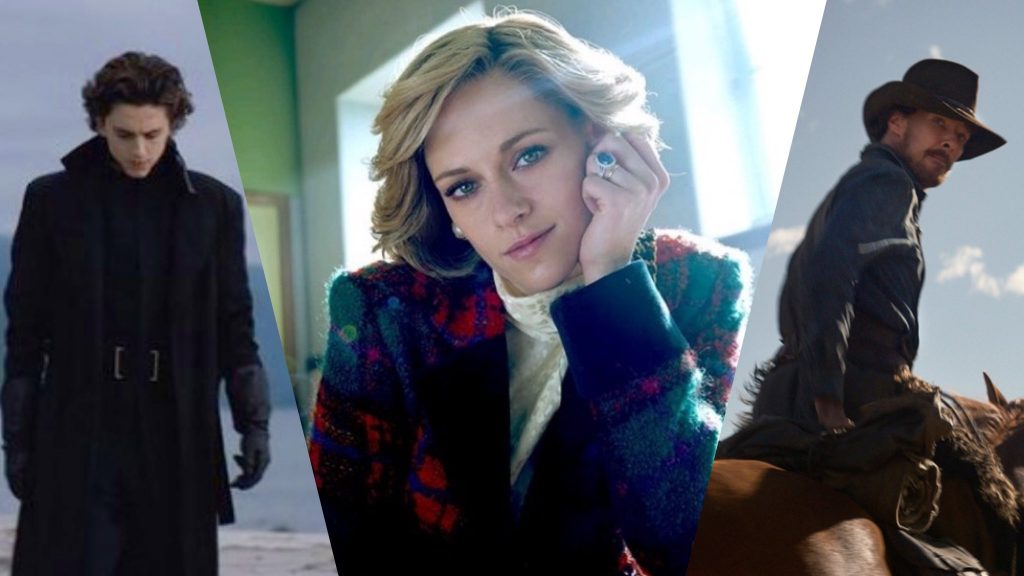 A collage of Timothée Chalamet in DUNE, Kristen Stewart in SPENCER, and Benedict Cumberbatch in THE POWER OF THE DOG, all films that rank high in our list of predictions for the 2022 Oscars.