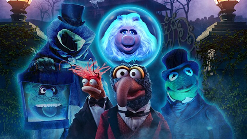 Fozzie Bear, Miss Piggy, Pepé the King Prawn, Gonzo the Great, and Kermit the Frog all dressed up as characters from the Haunted Mansion in their new Muppet special, coming to Disney+ this October.