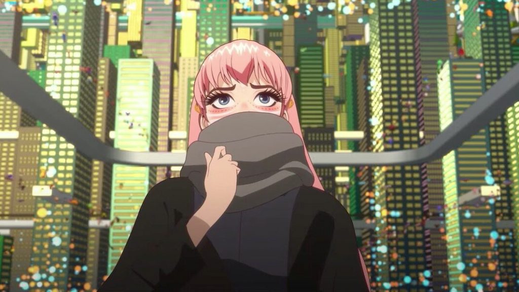 Suzu as Belle the pink haired musical sensation in the digital world as seen in BELLE directed by Mamoru Hosoda.