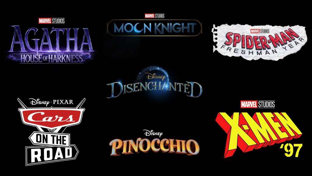 The official logos for all the new projects announced at Disney+ Day 2021, including AGATHA: HOUSE OF HARKNESS, MOON KNIGHT, SPIDER-MAN: FRESHMAN YEAR, DISENCHANTED, X-MEN '97, PINOCCHIO, and CARS ON THE ROAD.