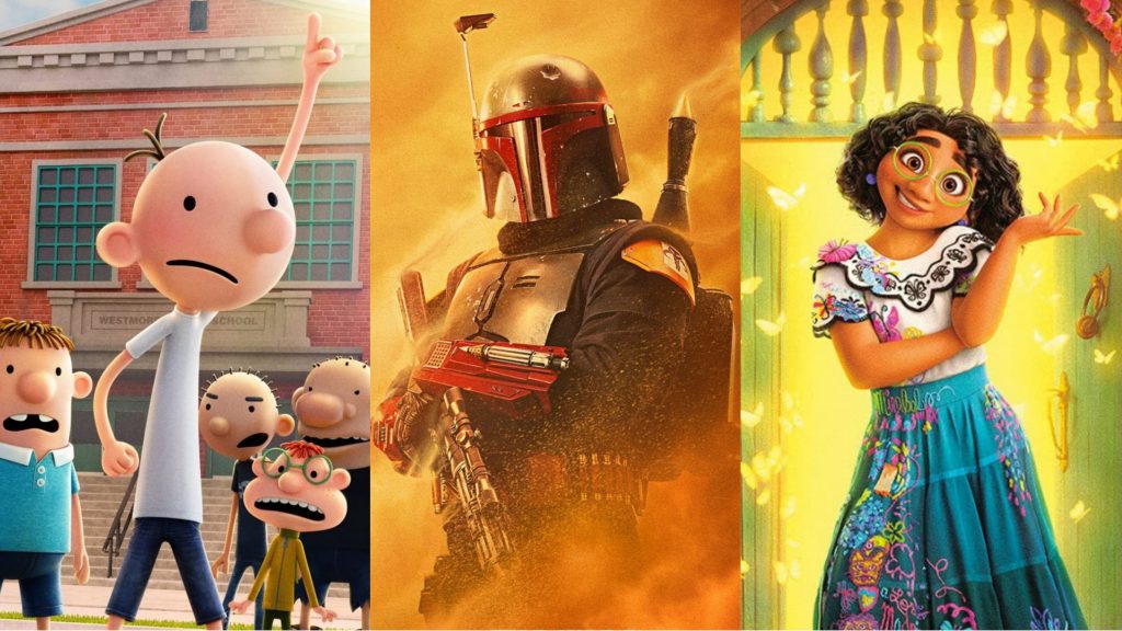 A trio collage of the 3D animated Greg Heffley from DIARY OF A WIMPY KID, Boba Fett in his new armor from THE BOOK OF BOBA FETT, and Mirabel from ENCANTO, all new titles coming to Disney+ in December 2021.