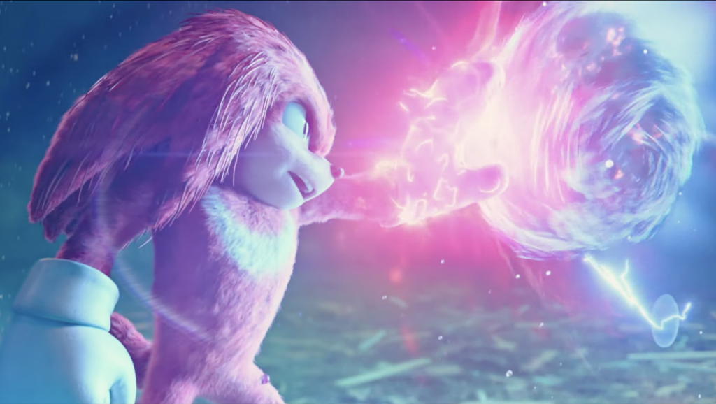 Knuckles the echidna voices by Idris Elba stops Sonic the Hedgehog in electric rolling ball form with one hand in style in the 2022 film SONIC THE HEDGEHOG 2.