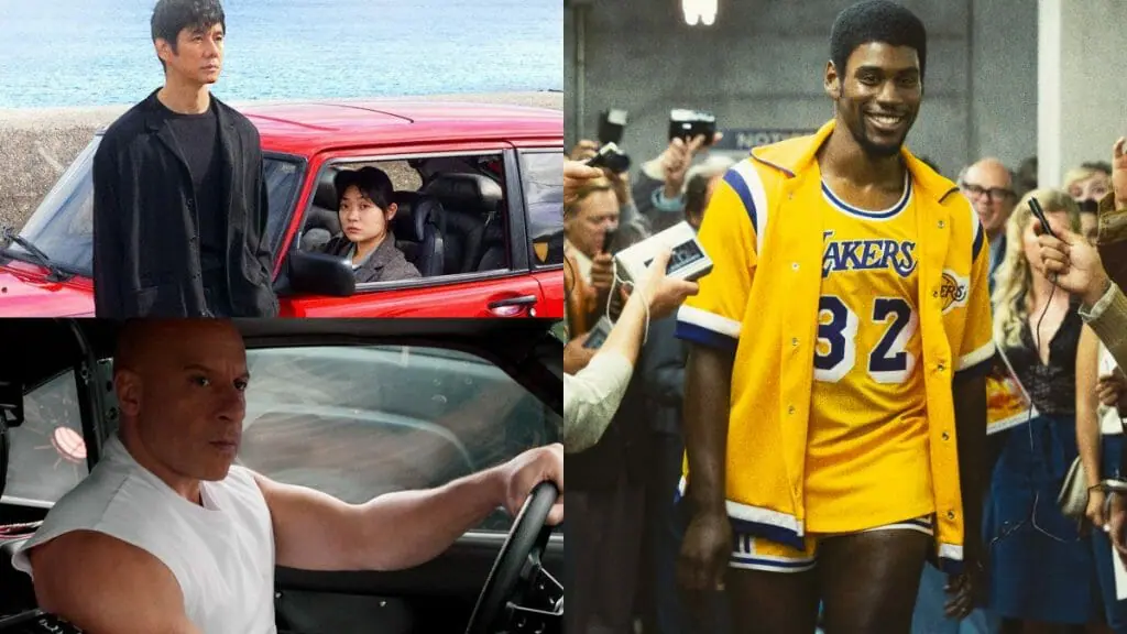 A collage of stills from DRIVE MY CAR, F9: THE FAST SAGA, and WINNING TIME: THE RISE OF THE LAKERS DYNASTY all coming to HBO Max in March 2022.
