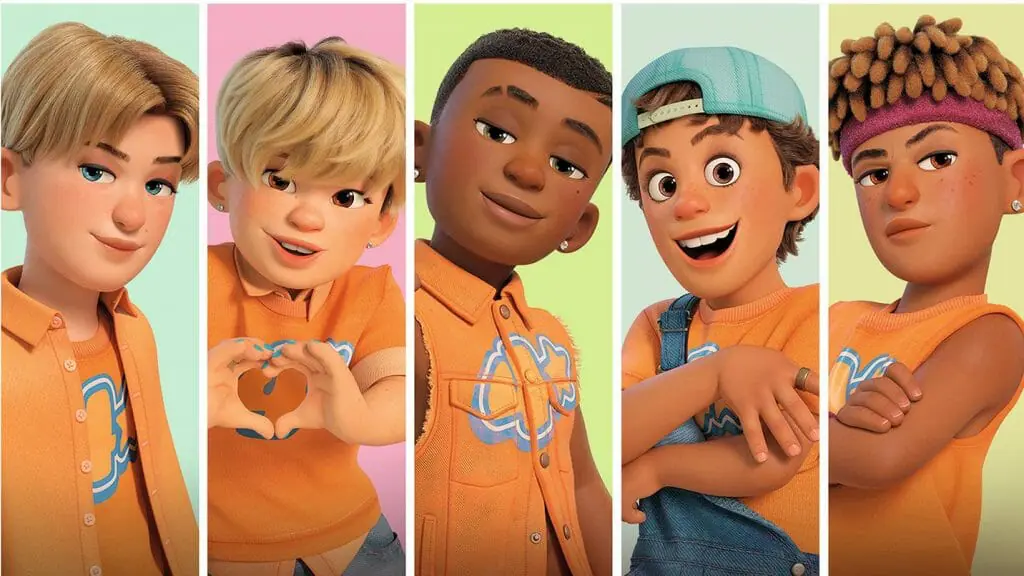 The fictional boy band 4*Town pose on a poster as seen in the new Pixar film streaming on Disney+ TURNING RED.