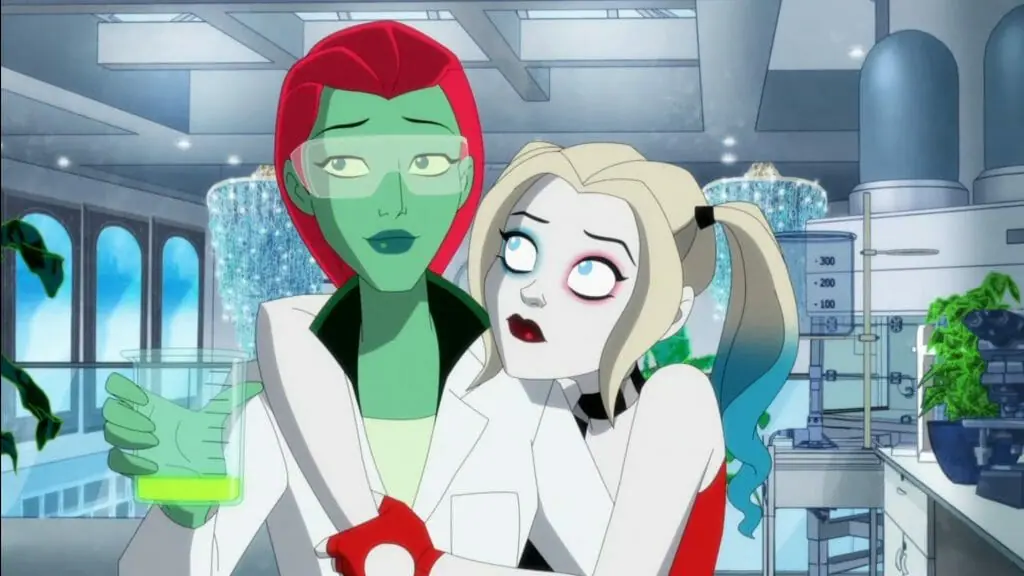 Harlivy - Harley Quinn hugs and looks confused at Poison Ivy as she explains her new evil plant experiments in a white lab coat in HARLEY QUINN Season 3 written by showrunners Patrick Schumacker and Justin Halpern.