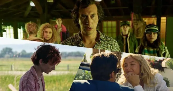 A collage of dramatic stills from WHITE NOISE, DON'T WORRY DARLING, and BONES AND ALL, all official selections for the 2022 Venice Film Festival.