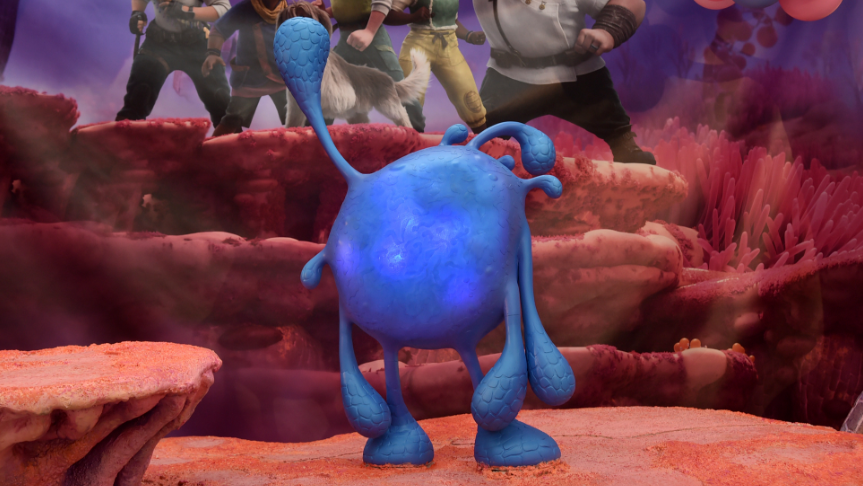 A life-sized maquette statue of the blue sidekick Splat at Walt Disney Animation Studios from STRANGE WORLD directed by Don Hall.