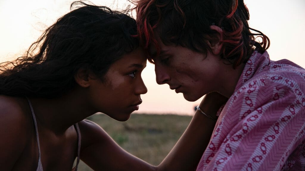 Timothée Chalamet and Taylor Russell lock their heads together in an intimate moment from the young cannibal love story BONES AND ALL.