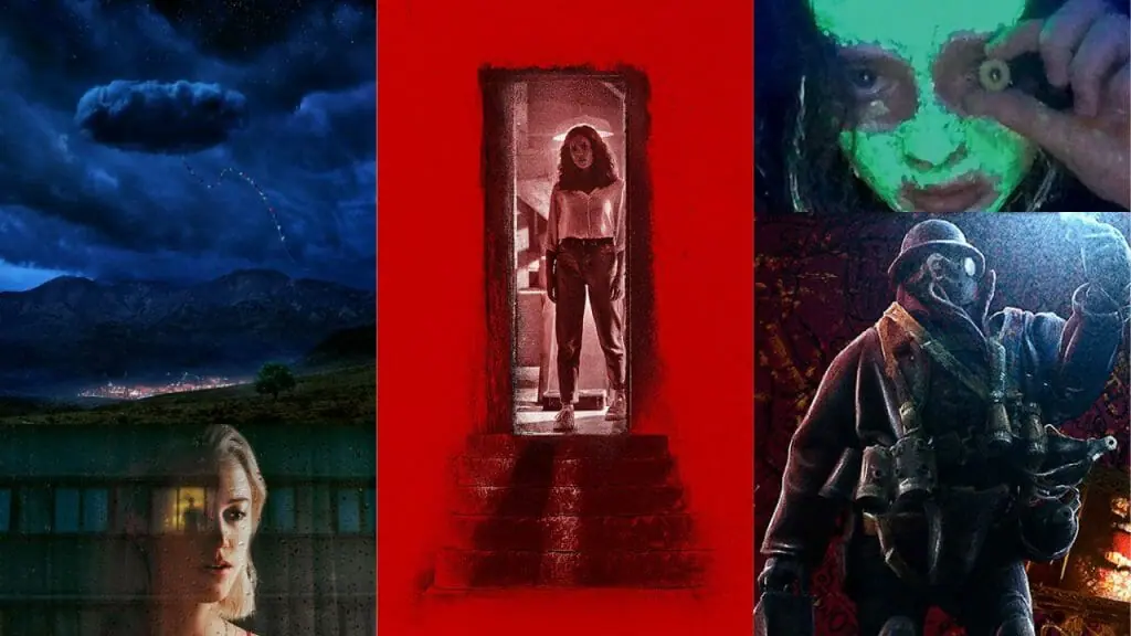 A collage of the very best horror movies of 2022 so far including Jordan Peele's NOPE, Ti West's PEARL, Zach Cregger's BARBARIAN, and Phil Tippett's MAD GOD.
