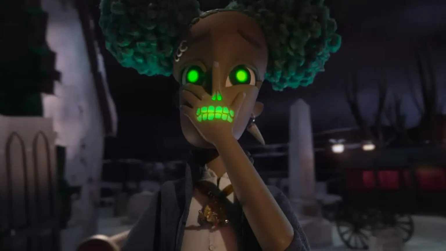 Kat activates her Hellmaiden powers by putting her demon skull hand over her mouth that turns her eyes green in WENDELL & WILD directed by Henry Selick.